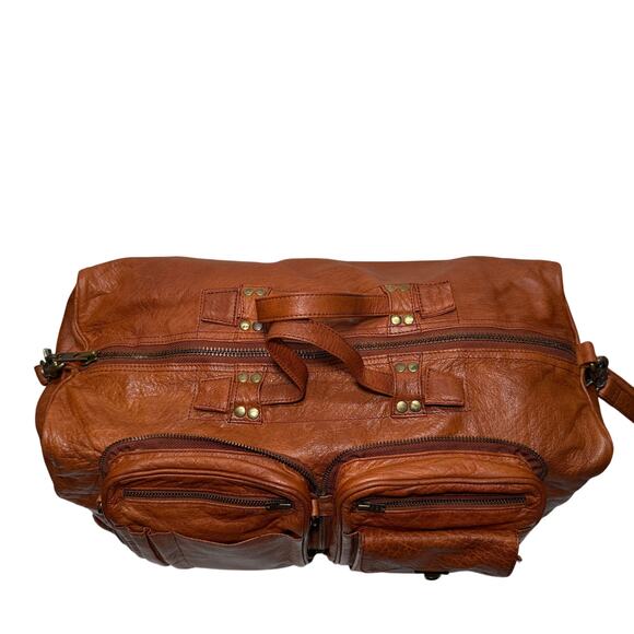 Free People Cognac Leather Duffle Bag Weekender Boho Rustic Travel Overnight - Picture 5 of 9
